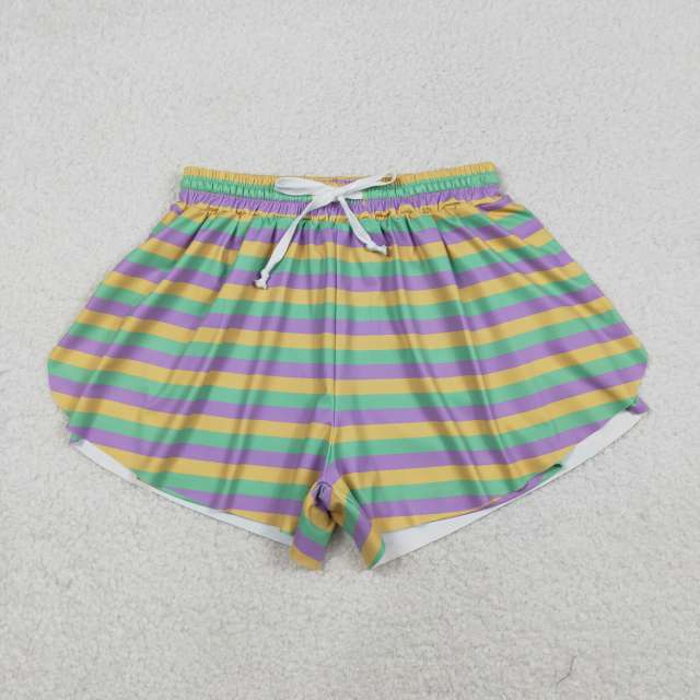 SS0706  Adult Women purple yellow green stripe mardi gras shorts