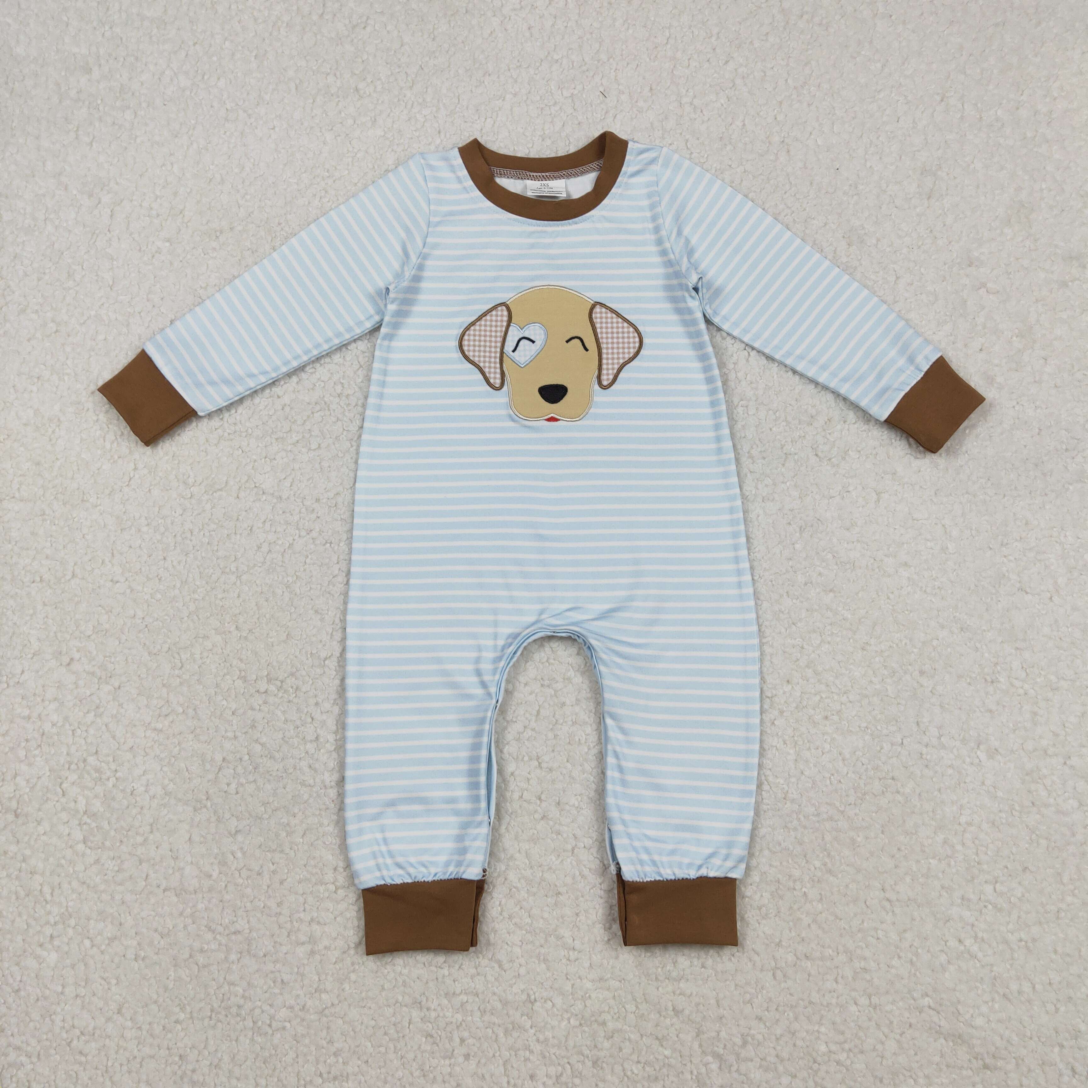 LR2659 blue stripe puppy embroidery blue boy long sleeve Romper