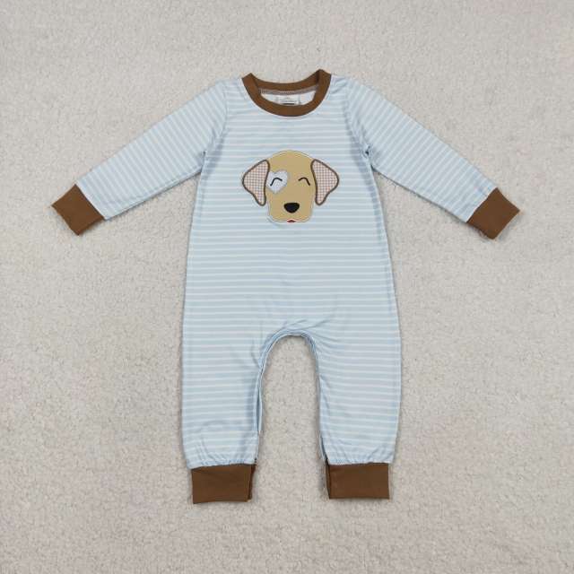 LR2659 blue stripe puppy embroidery blue boy long sleeve Romper
