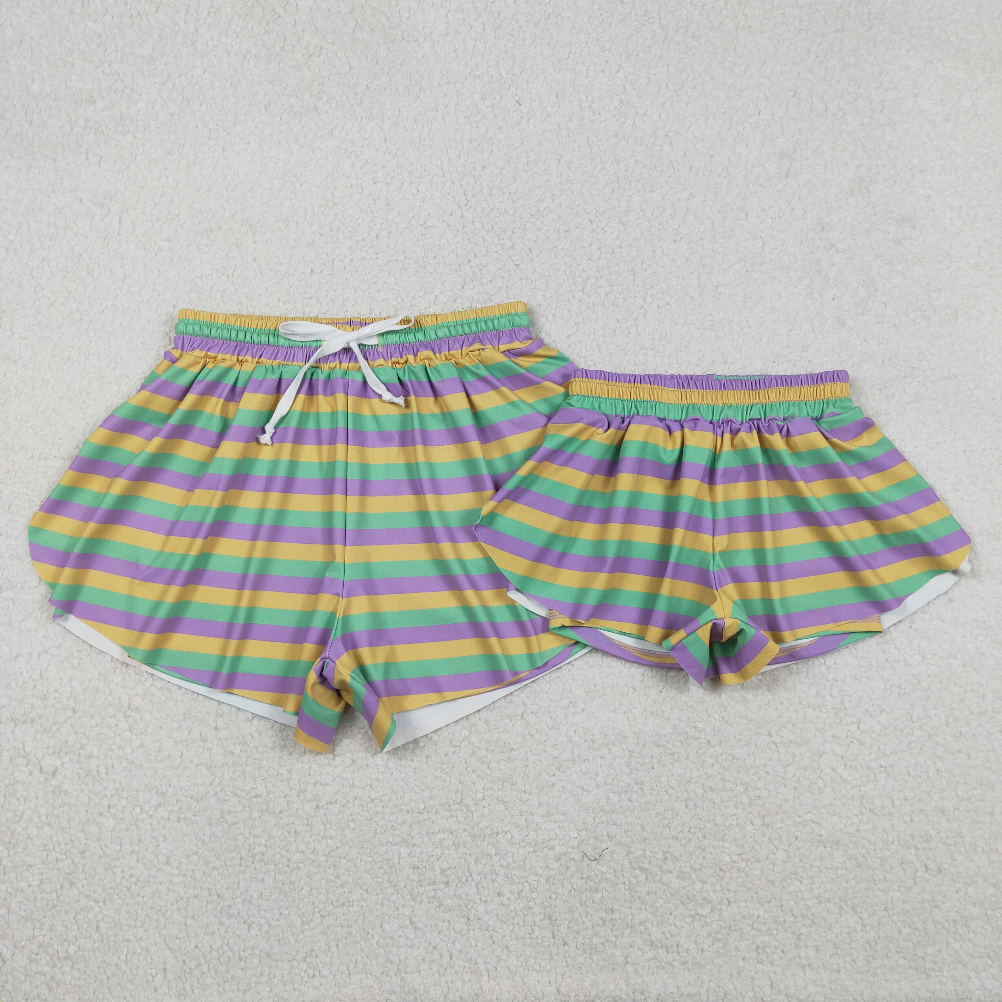 SS0706  Adult Women purple yellow green stripe mardi gras shorts