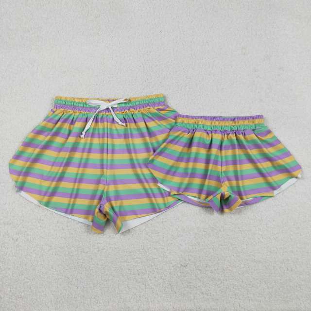 SS0706  Adult Women purple yellow green stripe mardi gras shorts