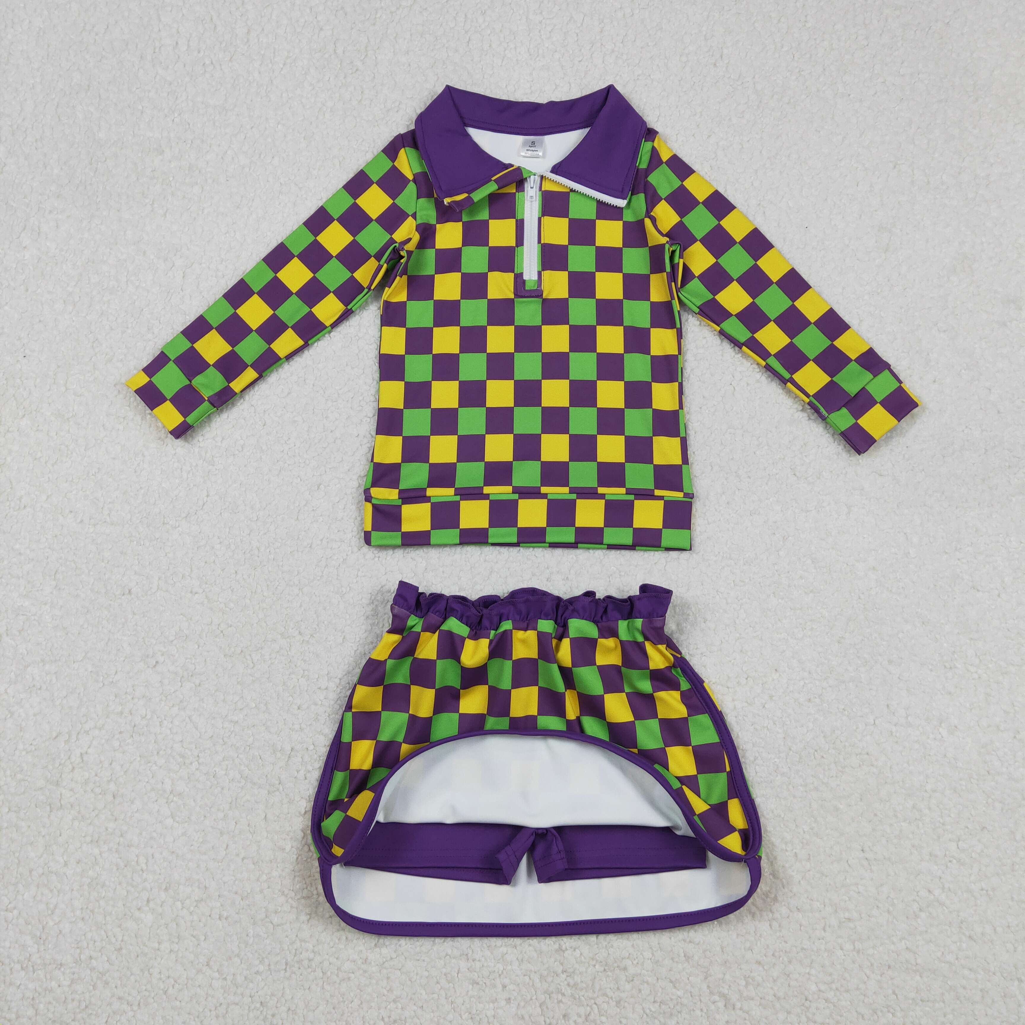 GLD1362 Purple yellow green plaid mardi gras pattern girl yoga pullover skirt