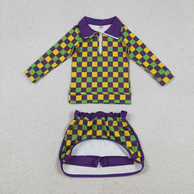 GLD1362 Purple yellow green plaid mardi gras pattern girl yoga pullover skirt