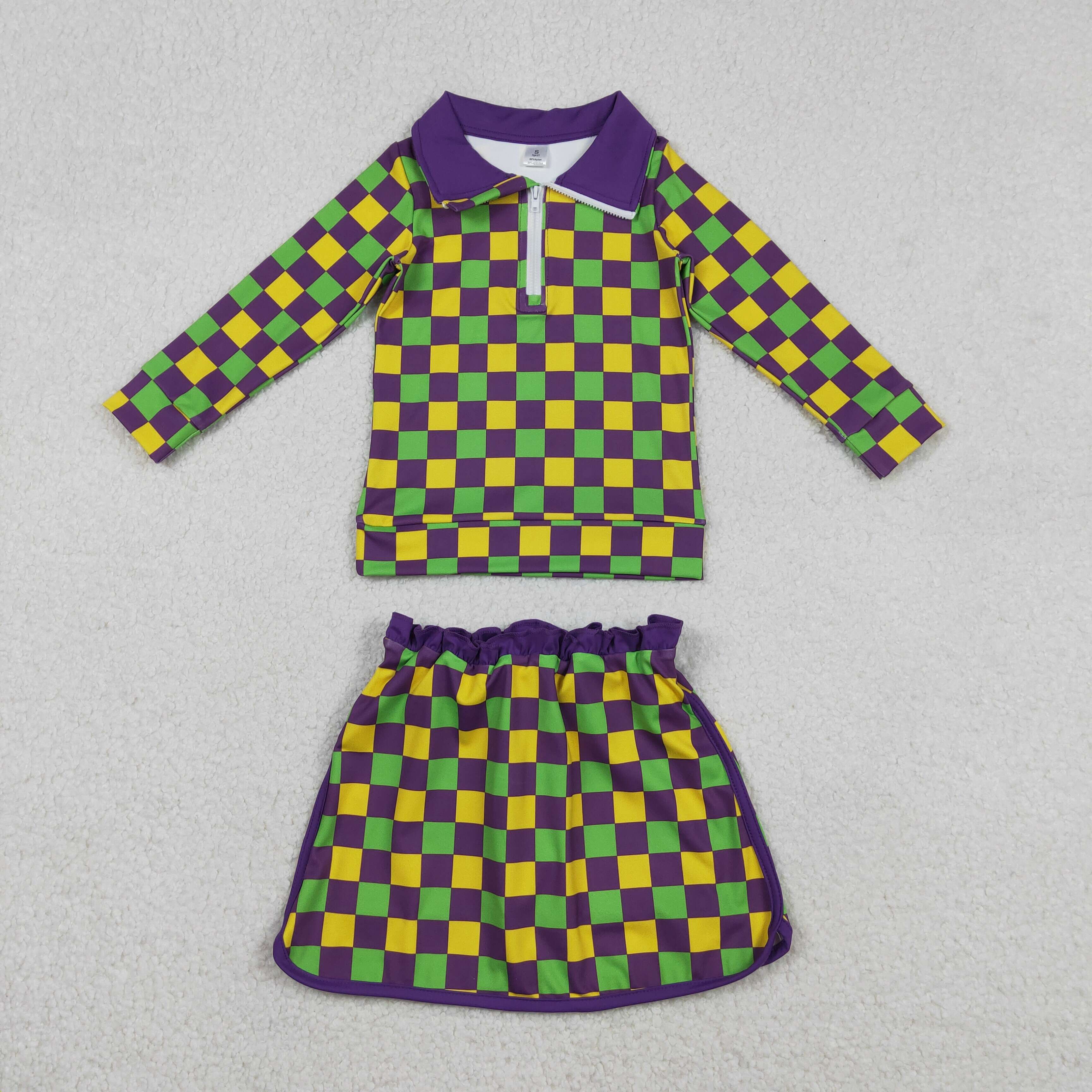 GLD1362 Purple yellow green plaid mardi gras pattern girl yoga pullover skirt