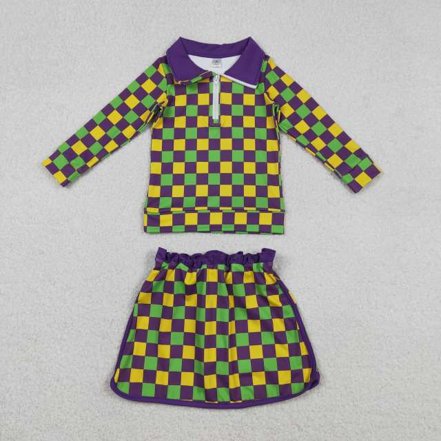 GLD1362 Purple yellow green plaid mardi gras pattern girl yoga pullover skirt