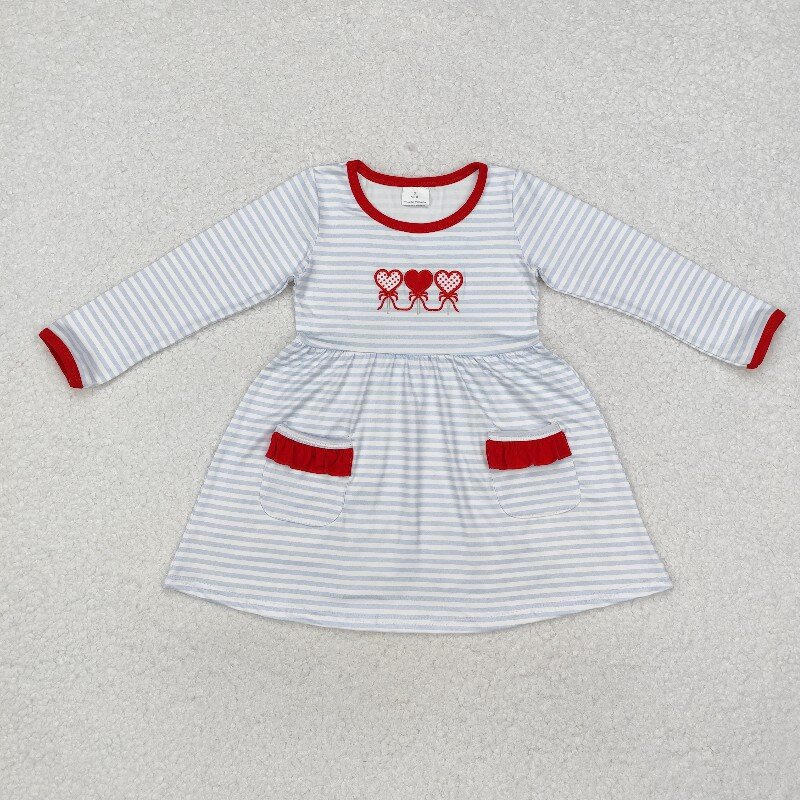 GLD0884  Girl  Blue Stripe heart embroidery valentine's long sleeve dress