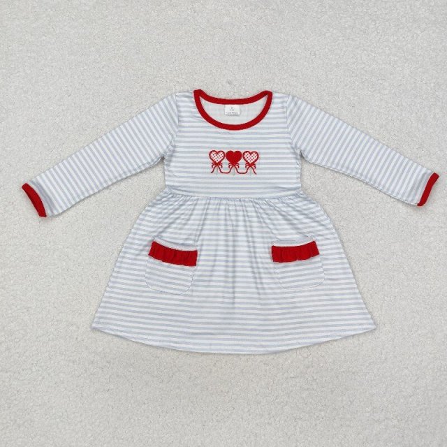 GLD0884  Girl  Blue Stripe heart embroidery valentine's long sleeve dress