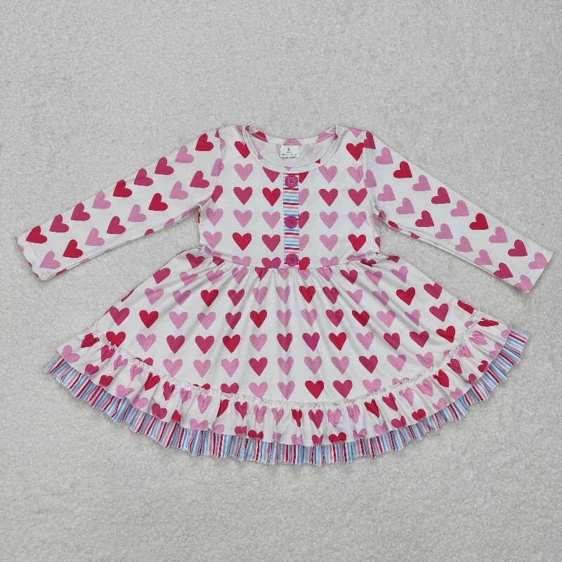 GLD0988  Girl Hot pink heart Bows print valentine's long sleeve dress