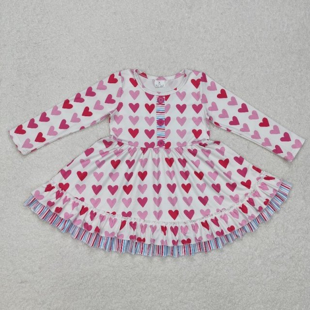 GLD0988  Girl Hot pink heart Bows print valentine's long sleeve dress
