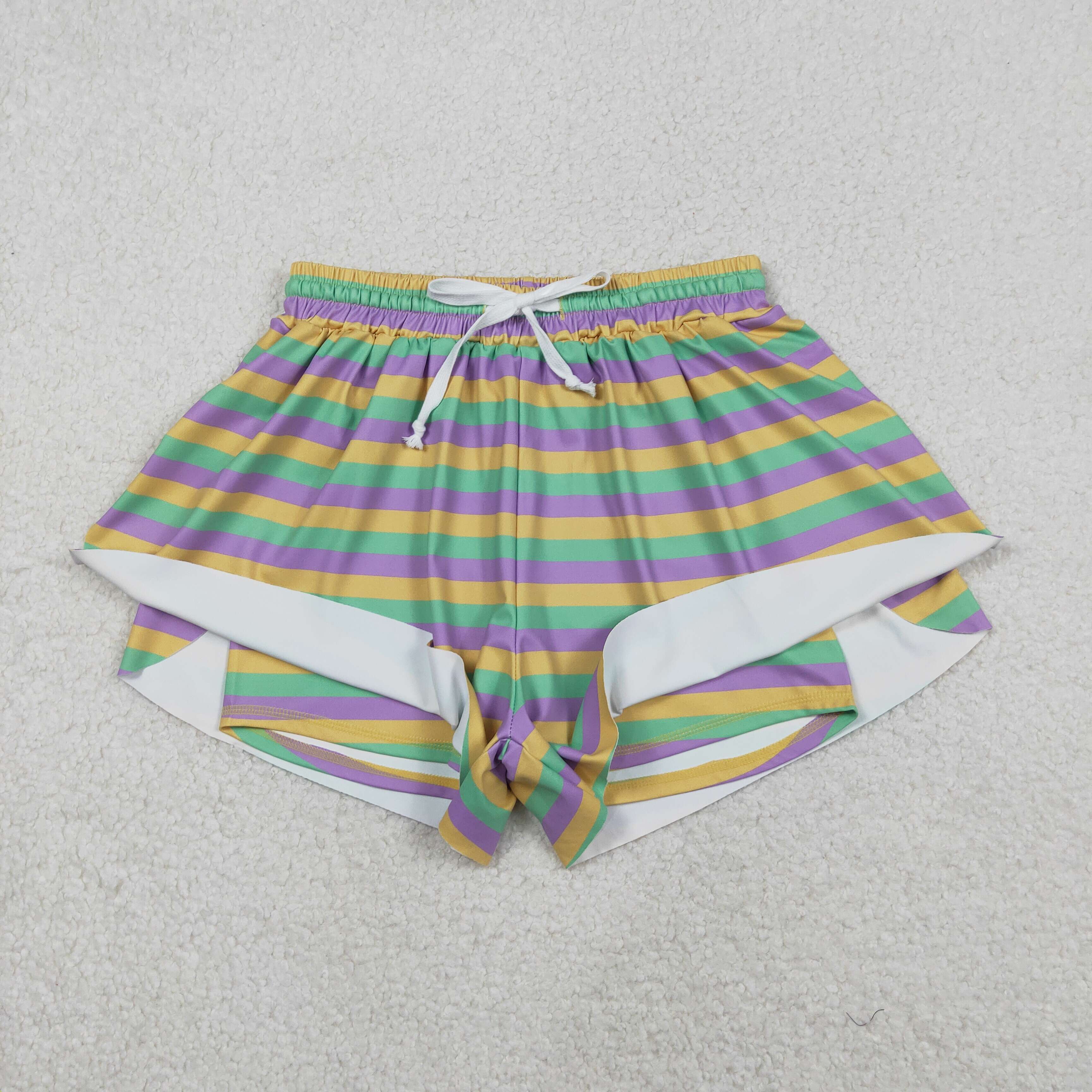 SS0706  Adult Women purple yellow green stripe mardi gras shorts
