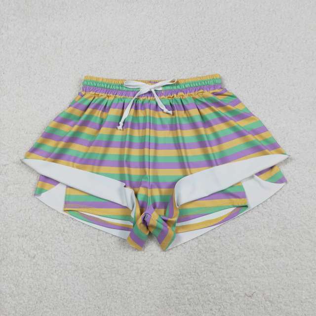 SS0706  Adult Women purple yellow green stripe mardi gras shorts