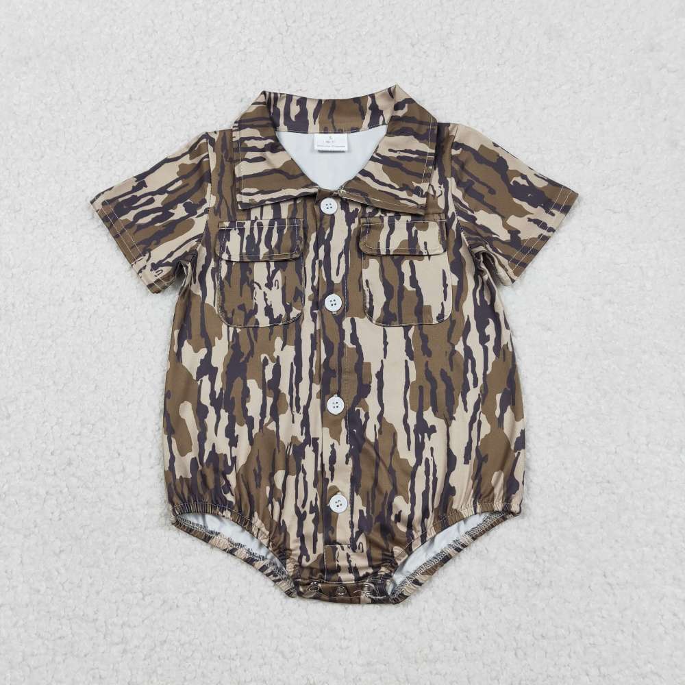 SR3653 RTS olive camo pocket button short sleeve baby romper
