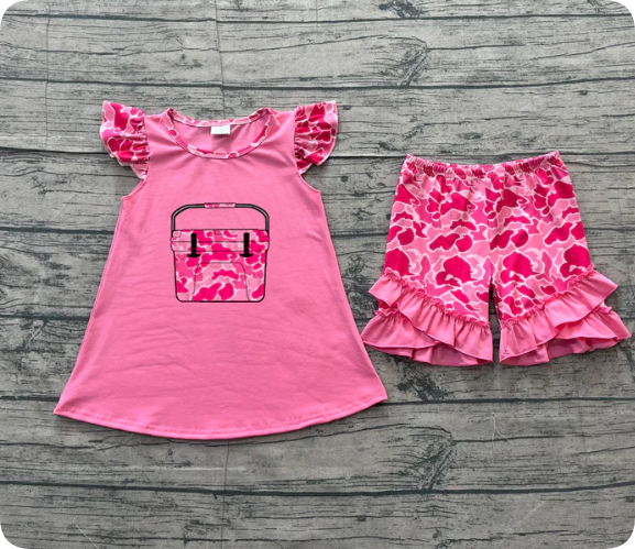 X12.16 Embroidery Pink Camo Boxes Baby Girls Tunic Ruffle Shorts Hunting Clothes Sets Preorder