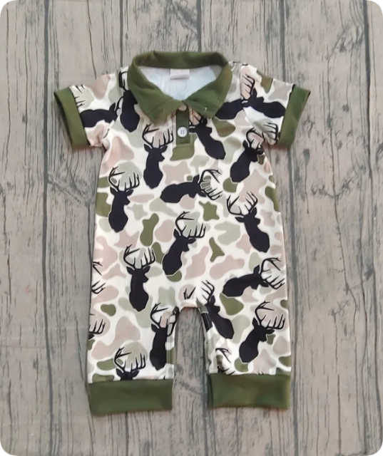 X12.17 Baby Boys Deer Camo Hunting Button Footie Rompers Preorder