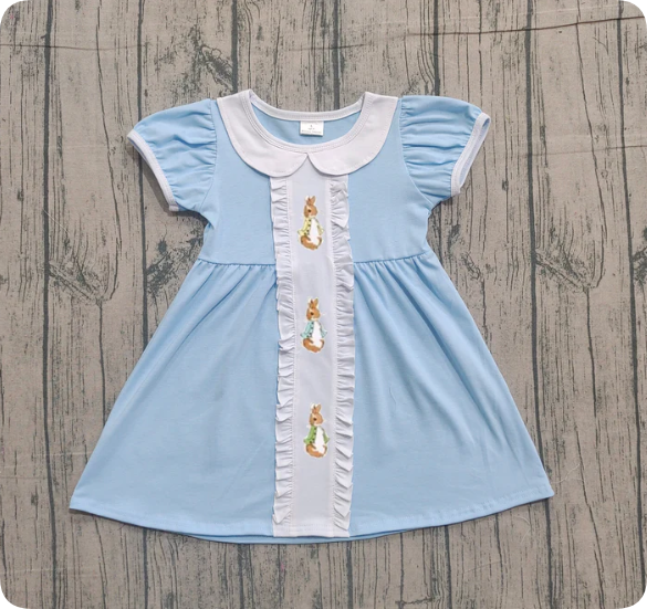 X12.17  Embroidery Rabbits Baby Girls Short Ruffle Sleeve Easter Collar Knee Length Dresses Preorder
