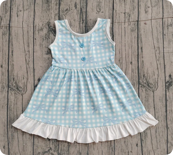 X12.18  Baby Girls Blue Checked Bows Sleeveless Ruffle Knee Length Dresses Preorder