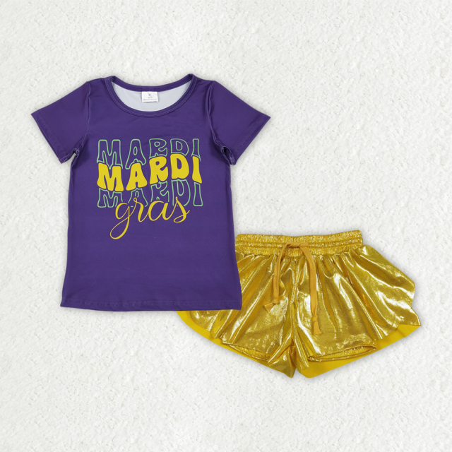 GSSO3044 purple Mardi gras short sleeve top match sequin Shorts outfits