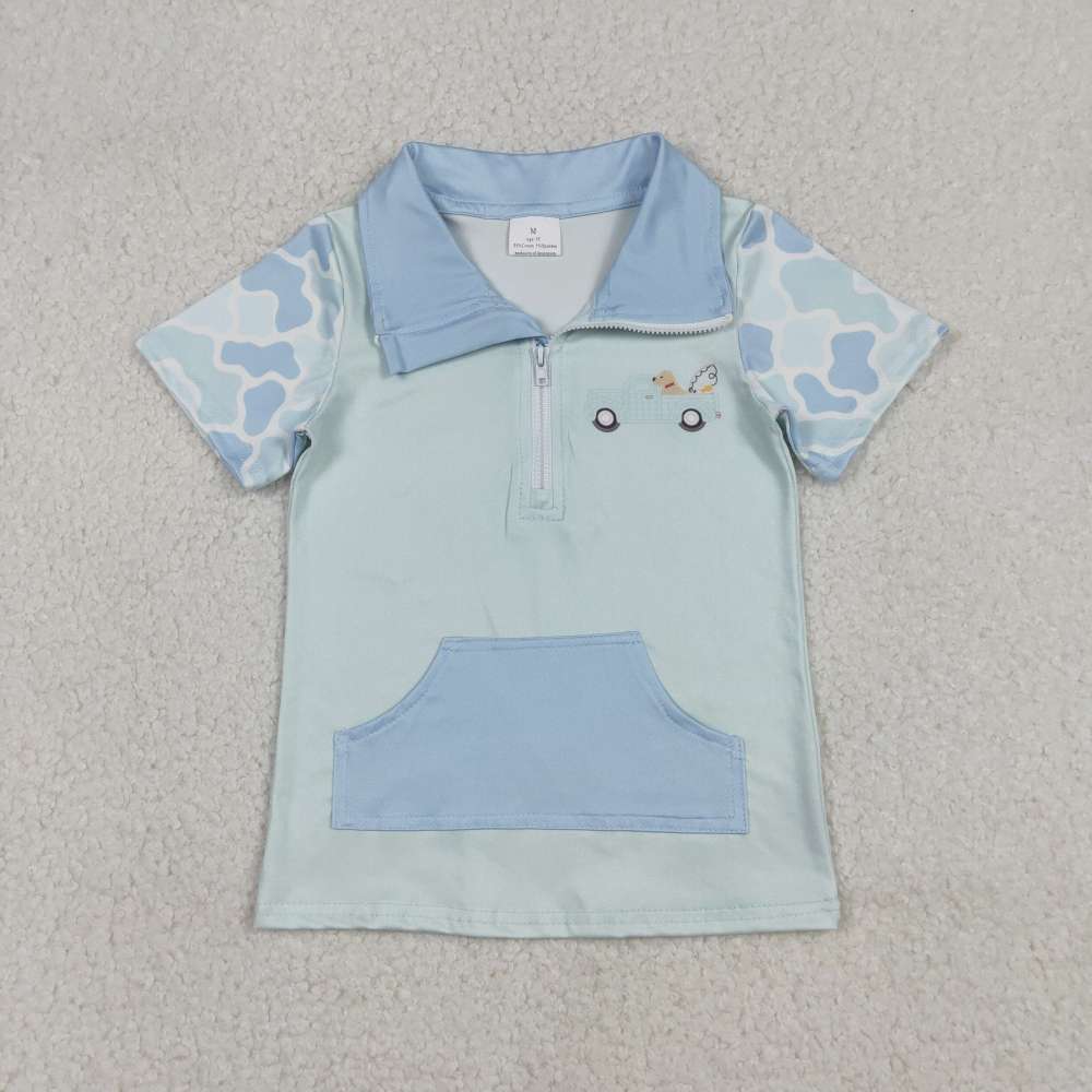 BT1534  RTS Sky blue camo dog fishing short sleeve boy zipper T-shirt