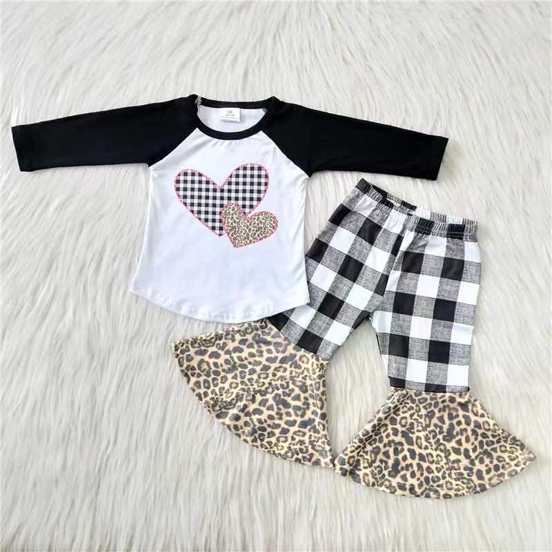 6 B7-23 Black heart plaid valentine's girl long sleeve set