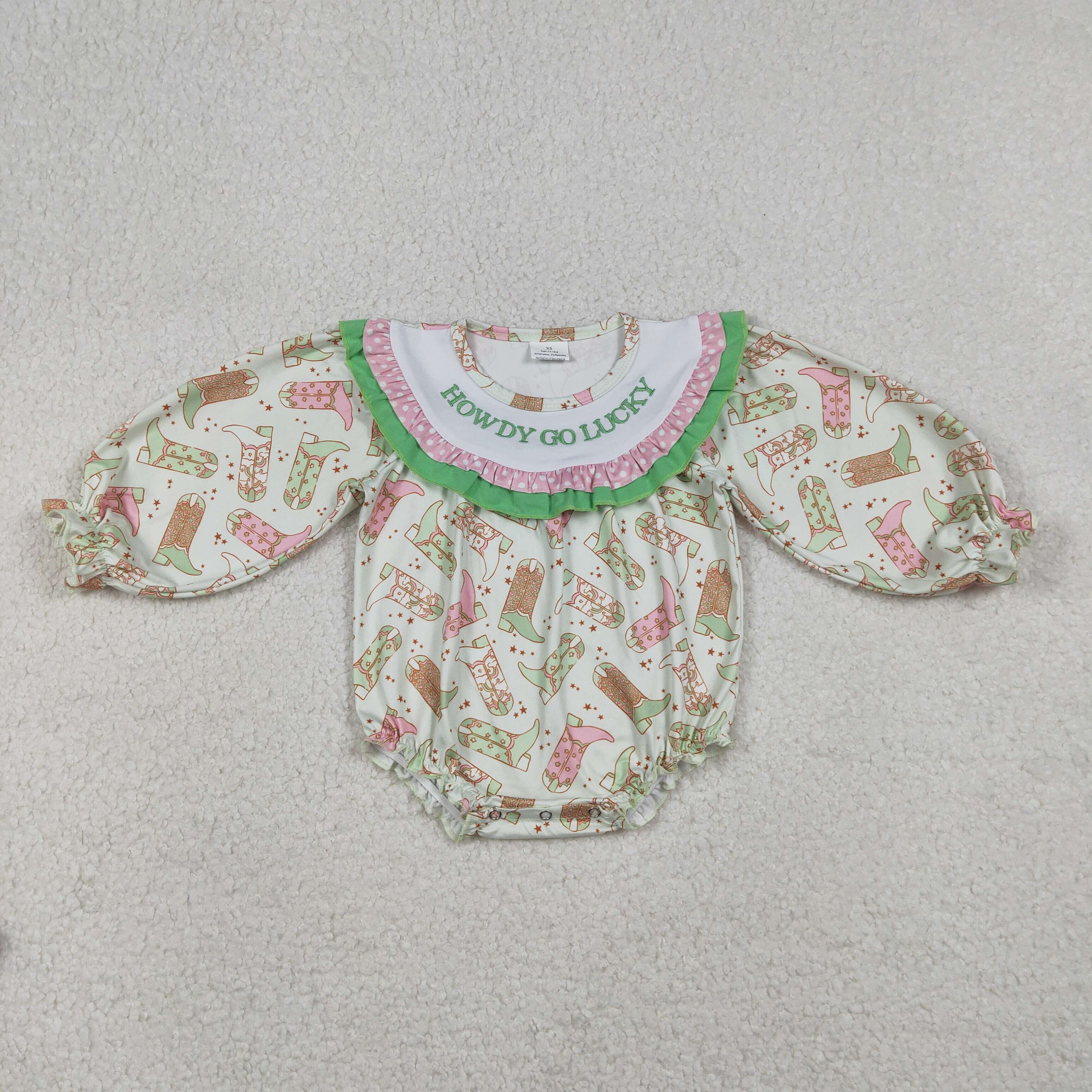 LR2840 RTS Green boots howdy go lucky long sleeve baby romper