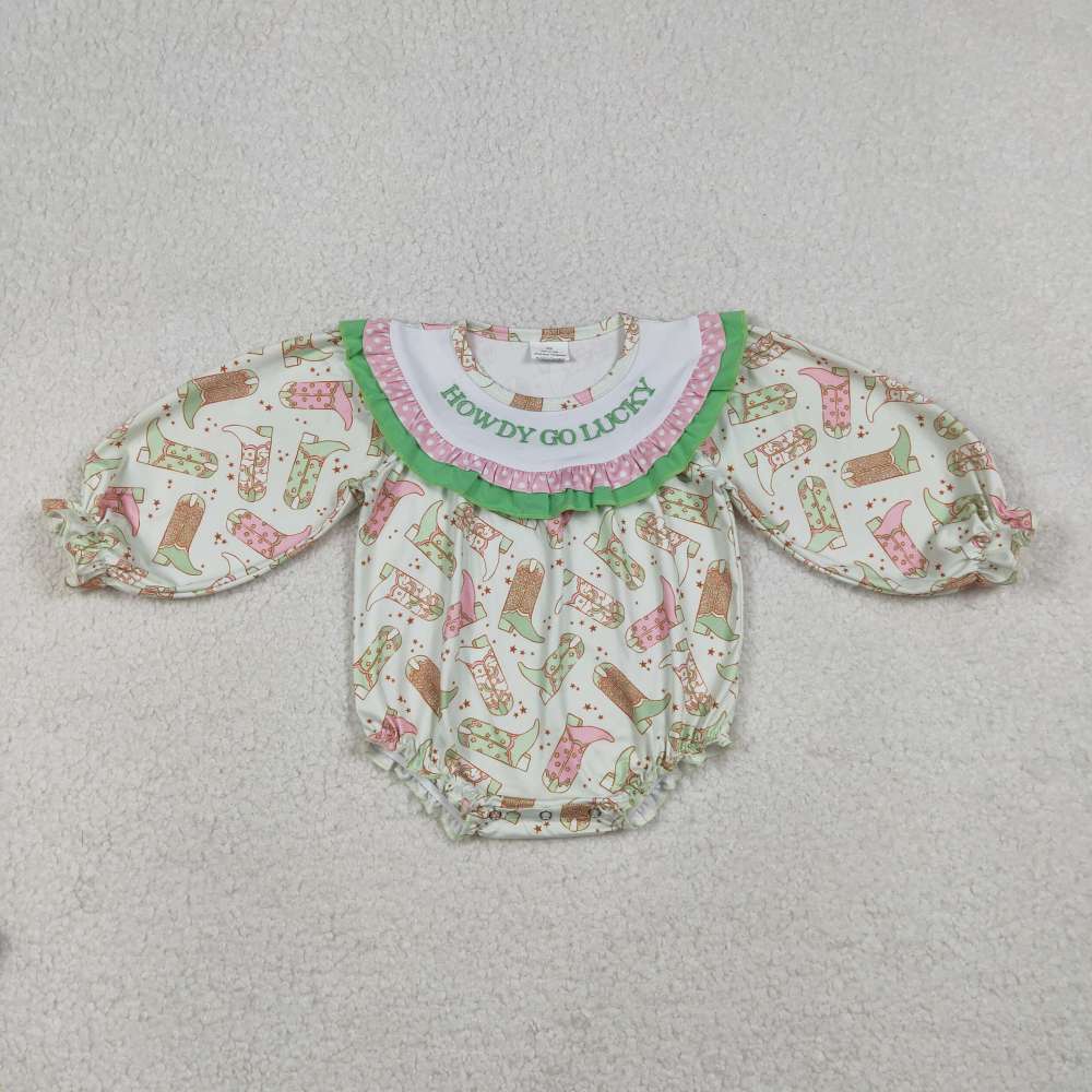 LR2840 RTS Green boots howdy go lucky long sleeve baby romper