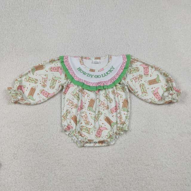 LR2840 RTS Green boots howdy go lucky long sleeve baby romper