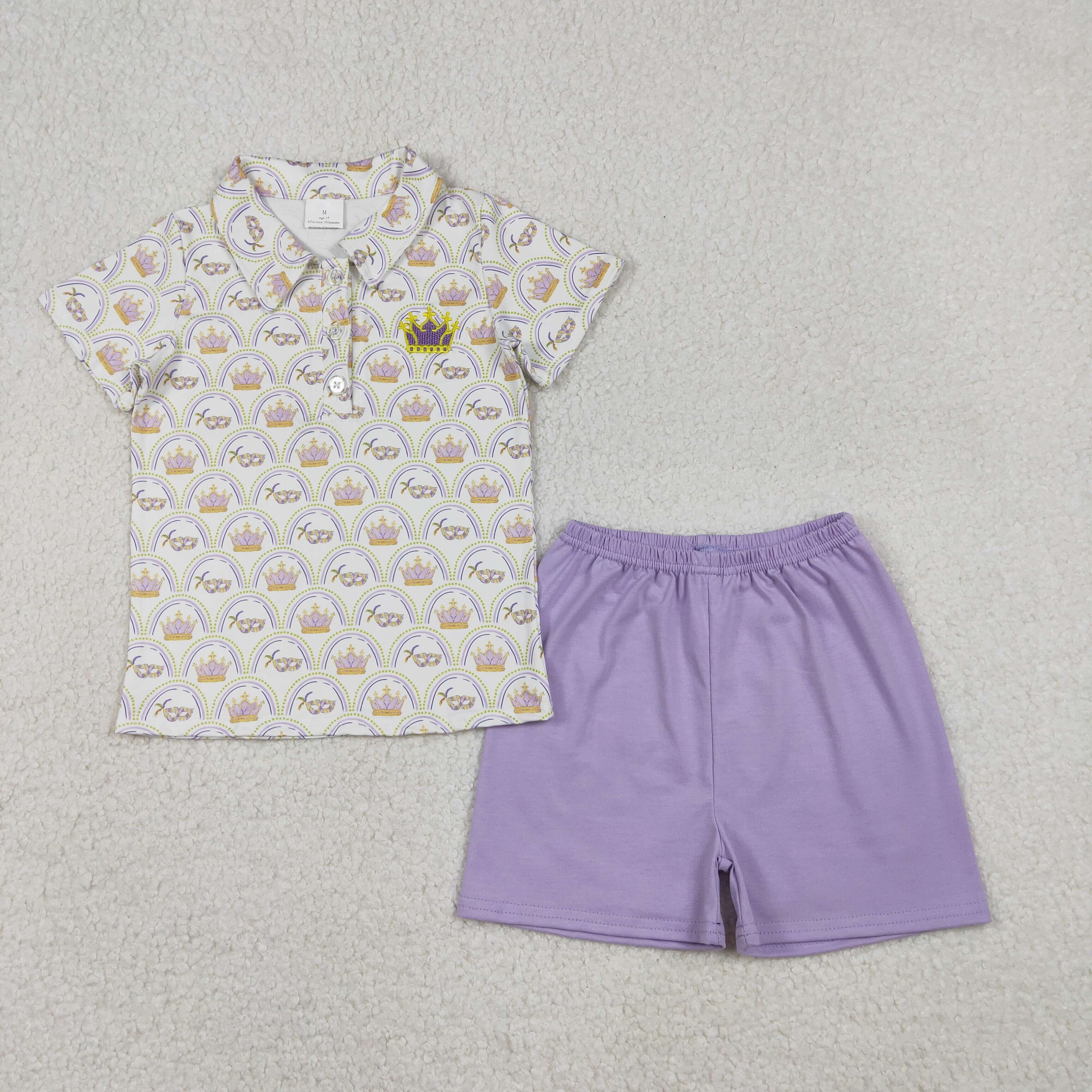 BSSO1565 RTS Purple pattern mardi gras short sleeve boy outfits