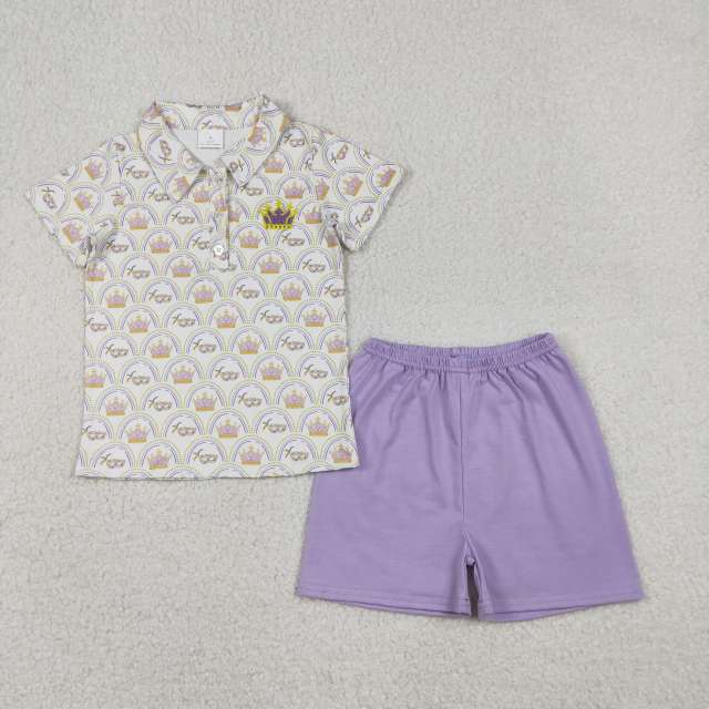 BSSO1565 RTS Purple pattern mardi gras short sleeve boy outfits