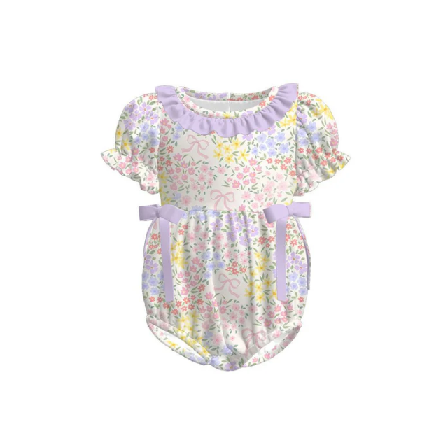X12.25 Baby Girls Pink Flowers Bows Ruffle Collar Rompers Preorder