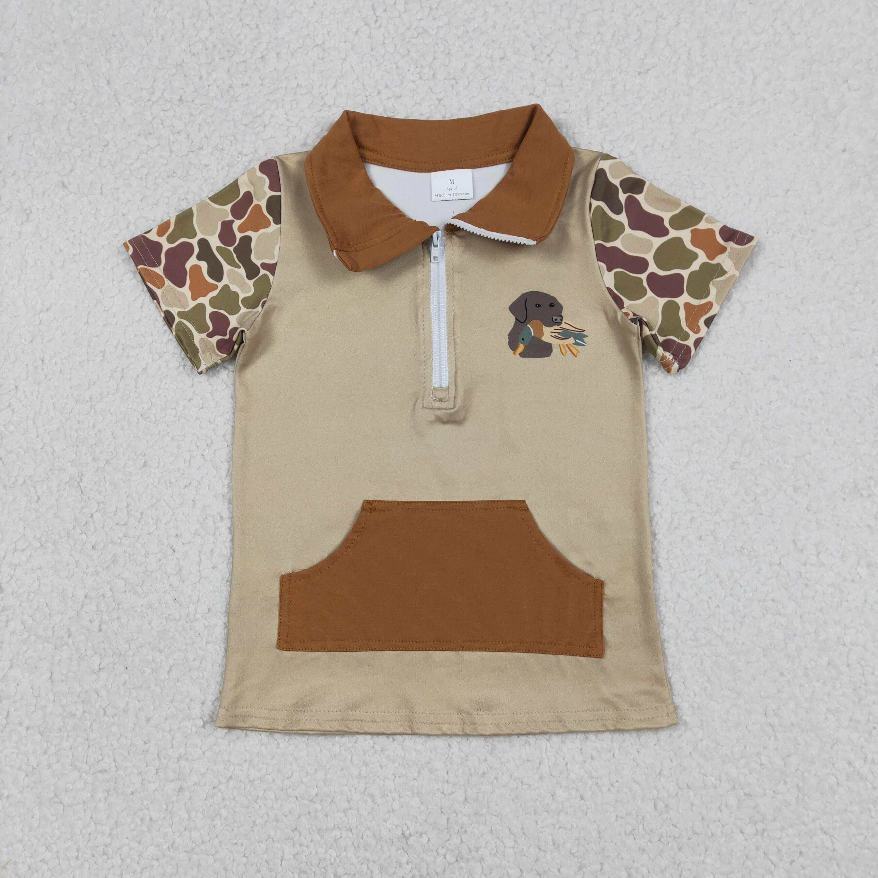 BT1530  Brown camo duck short sleeve boy zipper t-shirt