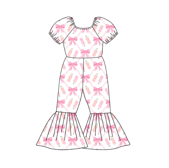 X12.27 Preorder (moq 5)Baby Girls Pencil Bows Checked Back to School Bell Bottom Pant Jumpsuits
