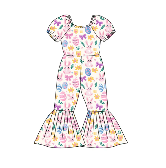 X12.27 Preorder (moq 5)Baby Girls Flowers Rabbits Eggs Easter Bell Bottom Pant Jumpsuits