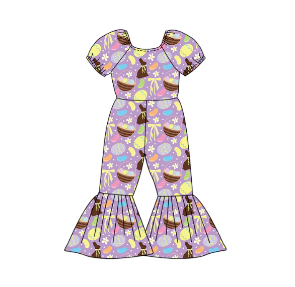 X12.27 Preorder (moq 5)Baby Girls Flowers Rabbits Eggs Easter Bell Bottom Pant Jumpsuits