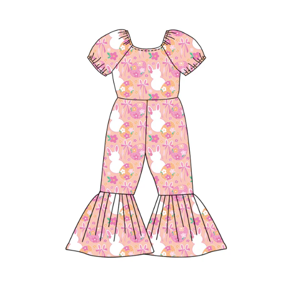 X12.27 Preorder (moq 5)Baby Girls Flowers Rabbits Eggs Easter Bell Bottom Pant Jumpsuits