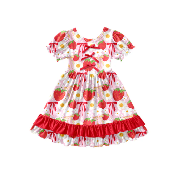 X12.27(moq 5)Baby Girls Daisy Flowers Strawberry Ruffle Knee Length Dresses