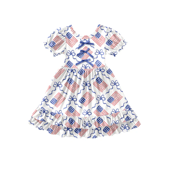 X12.27 (moq 5)Baby Girls Flowers Flags 4th of July Ruffle Knee Length Dresses