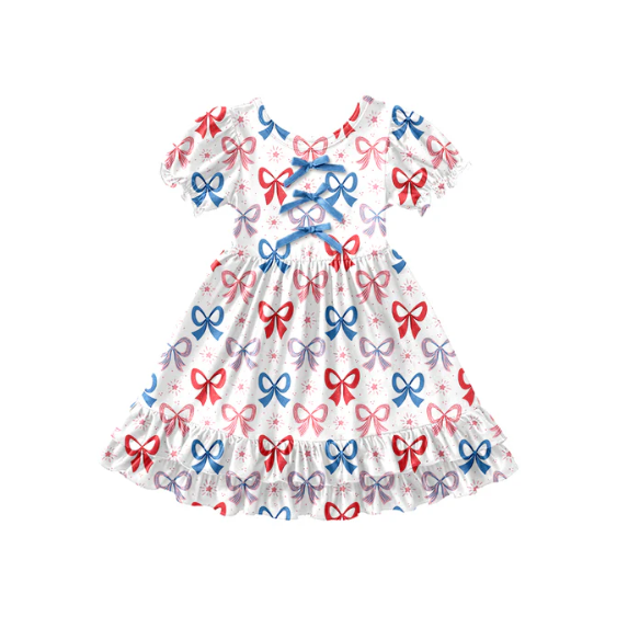 X12.27 (moq 5)Baby Girls Bows Fireworks 4th of July Ruffle Knee Length Dresses