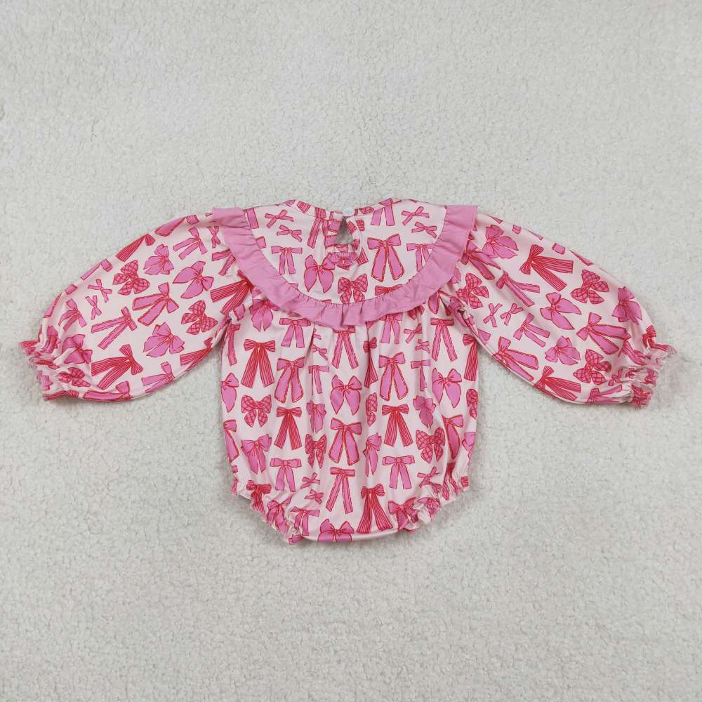 LR2842 SMOCK Pink Bows embroidery daddy's valentine long sleeve Romper