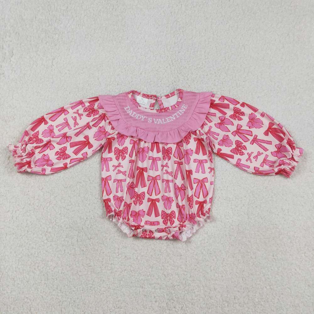 LR2842 SMOCK Pink Bows embroidery daddy's valentine long sleeve Romper