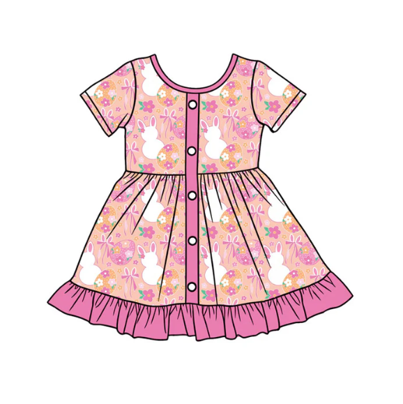 X12.29 (moq 5)Baby Girls Flowers Rabbits Button Easter Ruffle Knee Length Dresses