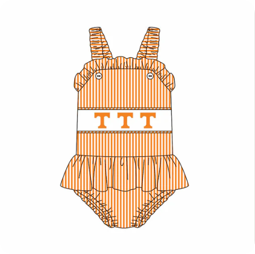 X12.30 (moq 5)Baby Girls Strap Orange Stripe T Tunic Bummies Team Rompers