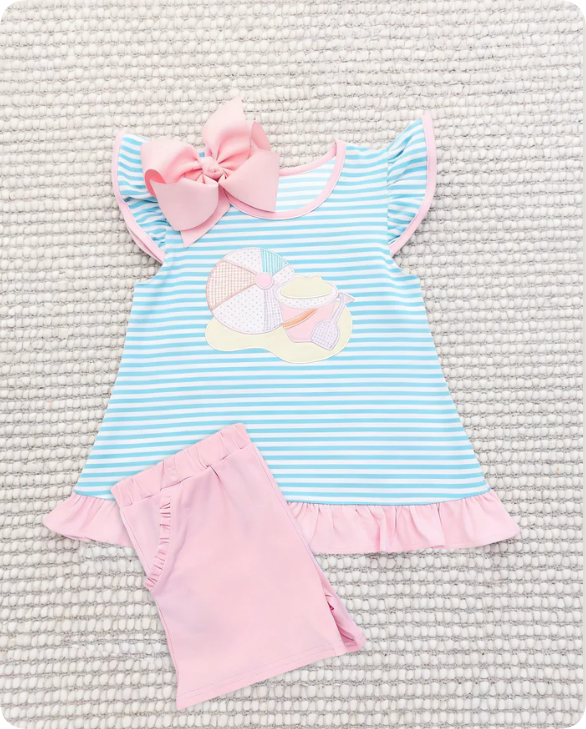 X1.1 Baby Girls Blue Stripe Beach Tunic Ruffle Shorts Clothes Sets Preorder