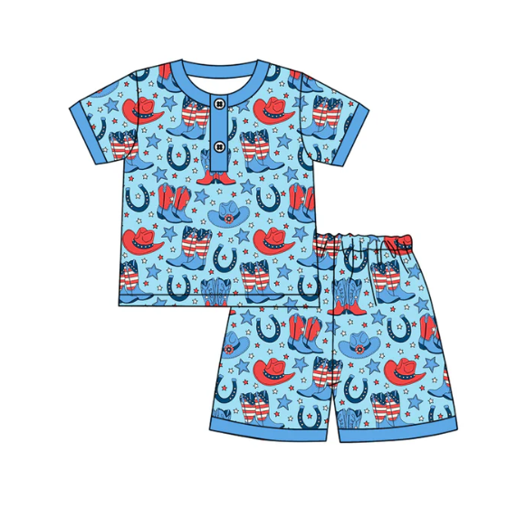 X1.1 Baby Boys Stars Hats Boots Button Top Shorts 4th of July Western Pajamas Sets Preorder