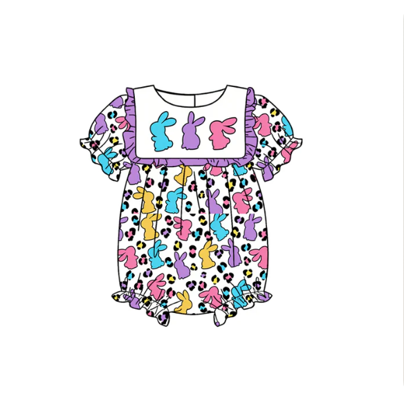X1.1 Baby Girls Short Sleeve Colorful Rabbits Leopard Easter Ruffle Rompers Preorder