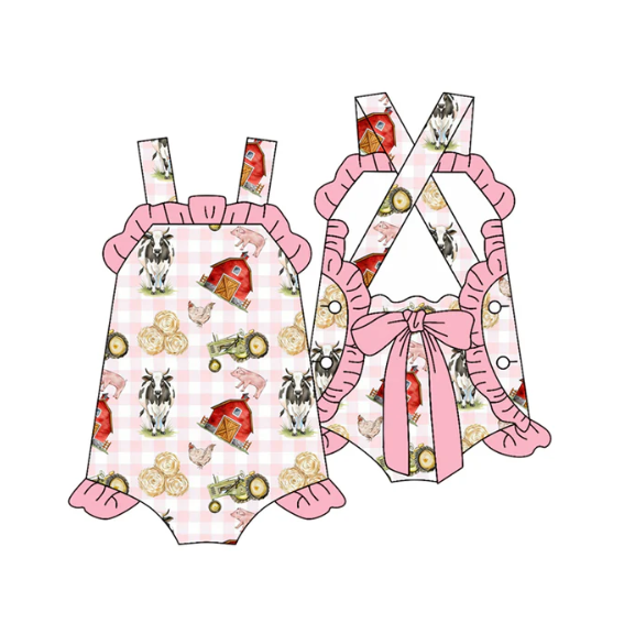 X1.1 Baby Girls Strap Pink Checked Farm Back Bows Ruffle Rompers Preorder