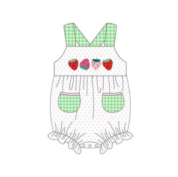 X1.2 Baby Girls Strap Strawberry Polka Dots Pockets Ruffle Rompers Preorder