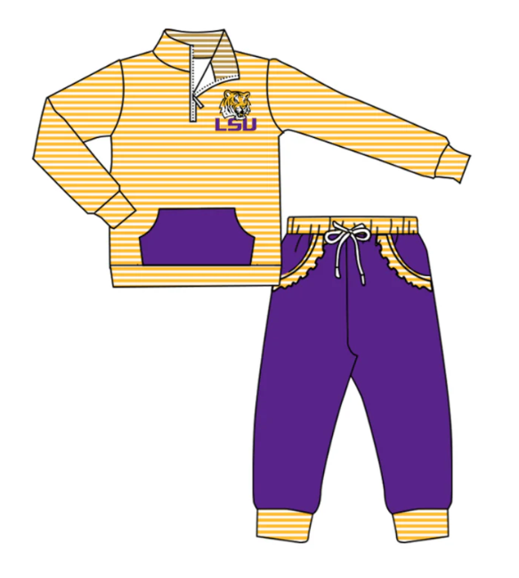 X1.6 (moq 5)Baby Girls Orange Stripe LSU Tiger Zip Pullover Pockets Jogger Team Clothes Sets
