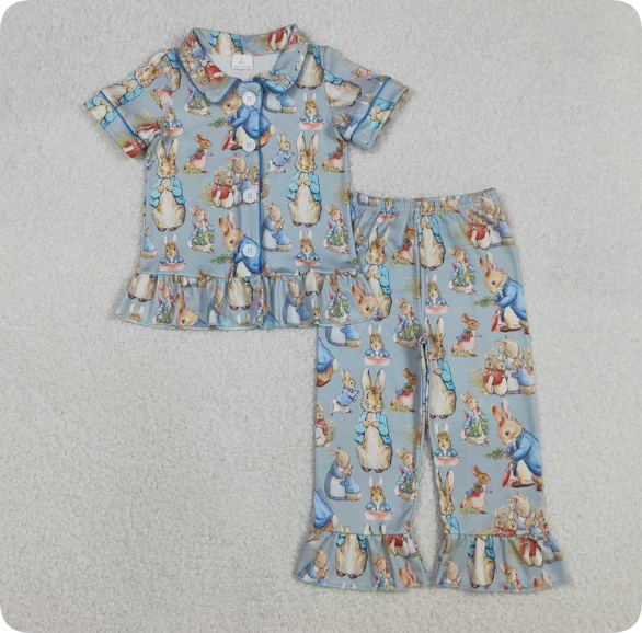GSPO2097 Easter bunny green floral short sleeve pajamas set