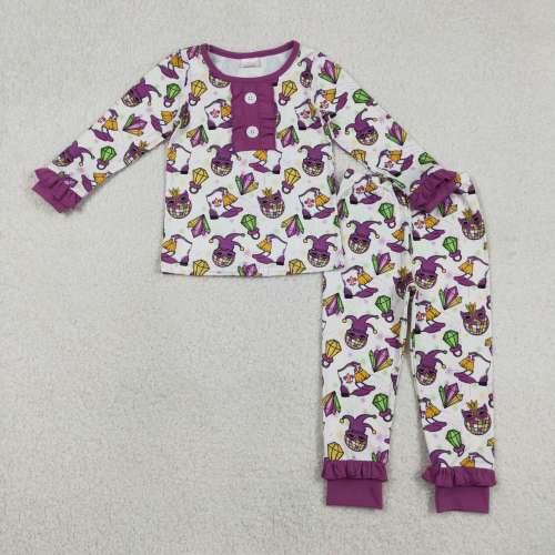 GLP2113 Purple mardi gras mask boots print girl long sleeve pajamas