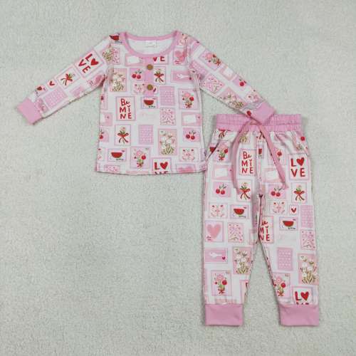 GLP2946 Pink love flowers print long sleeve girl pajamas